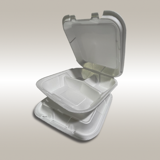 Tray, Foam, w/Hinge Lid, 3-Compart, 9.5"x9.25"x3", White,200/cs